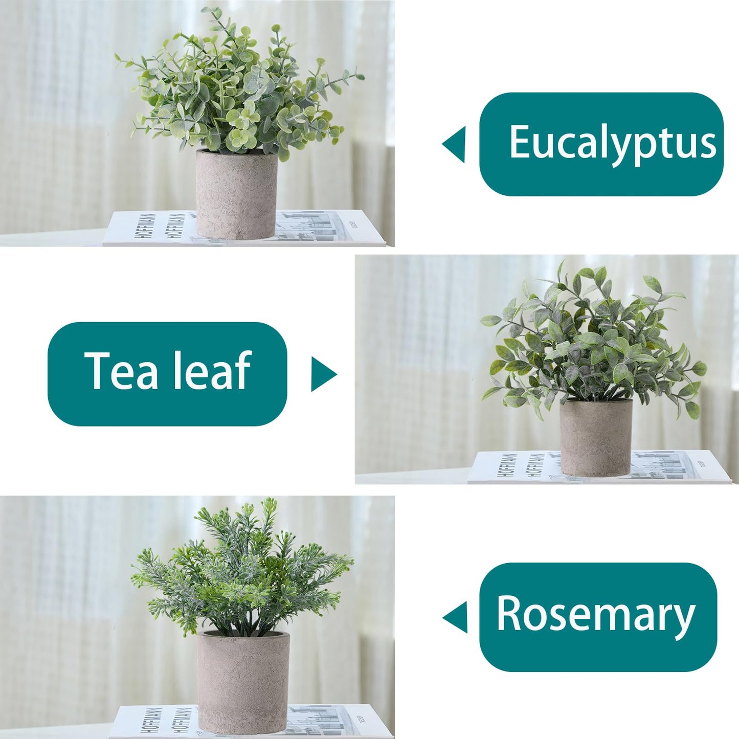HOZON 3 Pack Small Potted Fake Plants Artificial Eucalyptus Realistic Bonsai Perfect for Home Office Desk Bookshelf Countertop Church Table Decor Boho Ornaments