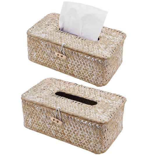 INFUNLY 2 Pcs Rattan Tissue Box Cover Rectangle Wicker Tissue Box Holder 9x5x4 Inch Boho Napkin Box Cover Natural Seagrass Storage Basket for Toilet Tank Bathroom Living Room Office Desk