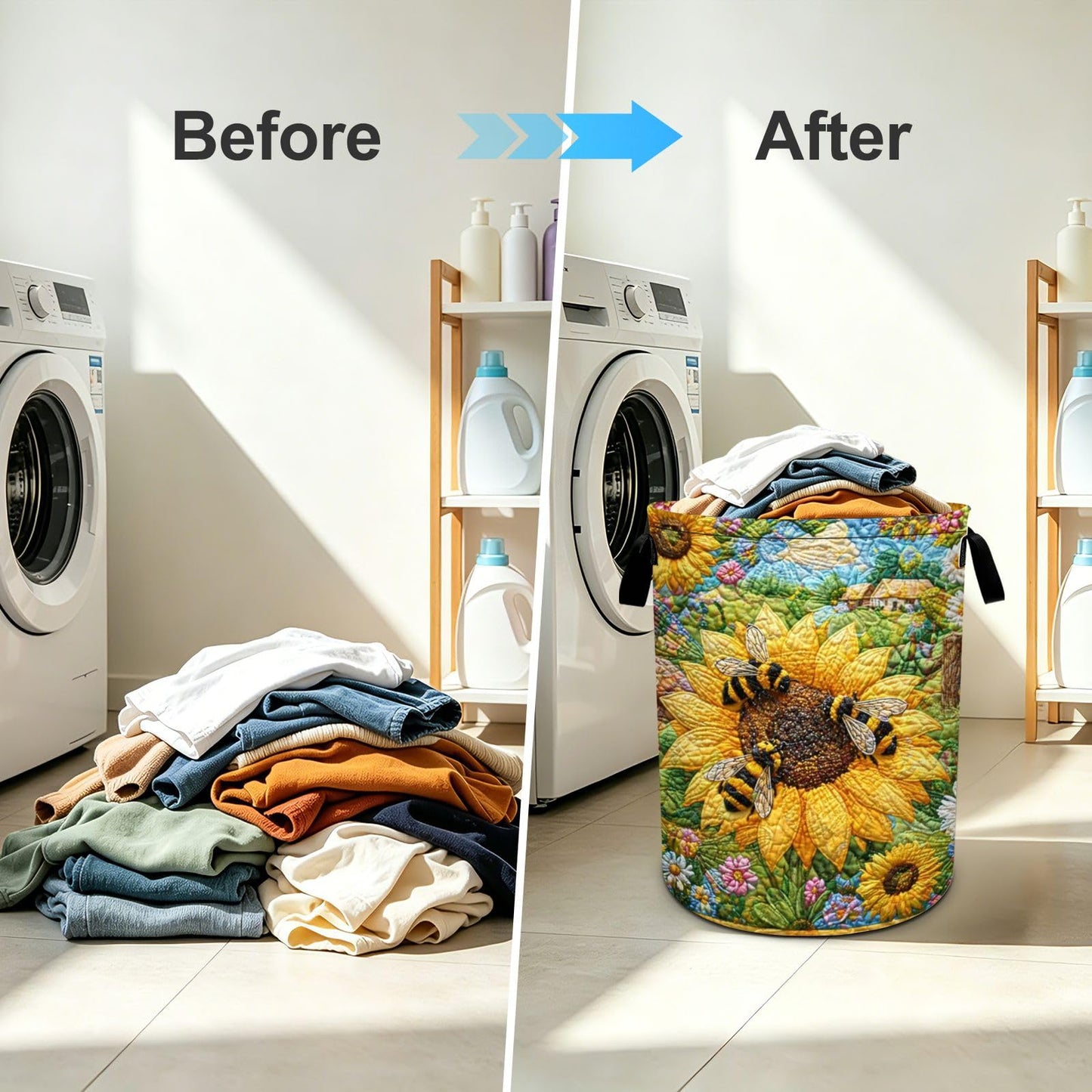 Bee Sunflowers Laundry Basket Foldable Oxford Laundry Hamper With Handle For Room Bathroom Bedroom