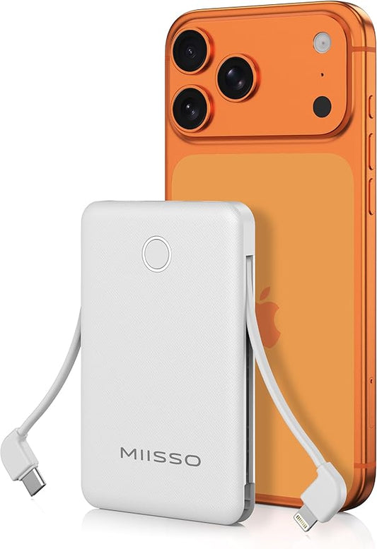 miisso 6000mah Ultra Slim Built in Cables Power Bank, Card Size Built in USB C Cords Battery Pack Portable Charger for Phones, 3 Output External Battery Pack Compatible with iPhone, Pure White