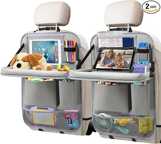 Car Backseat Organizer with Tablet Holder, 6 Storage Pockets Foldable Table Food Tray Seat Back Protectors Kick Mats Travel Accessories, 2 Pack Grey
