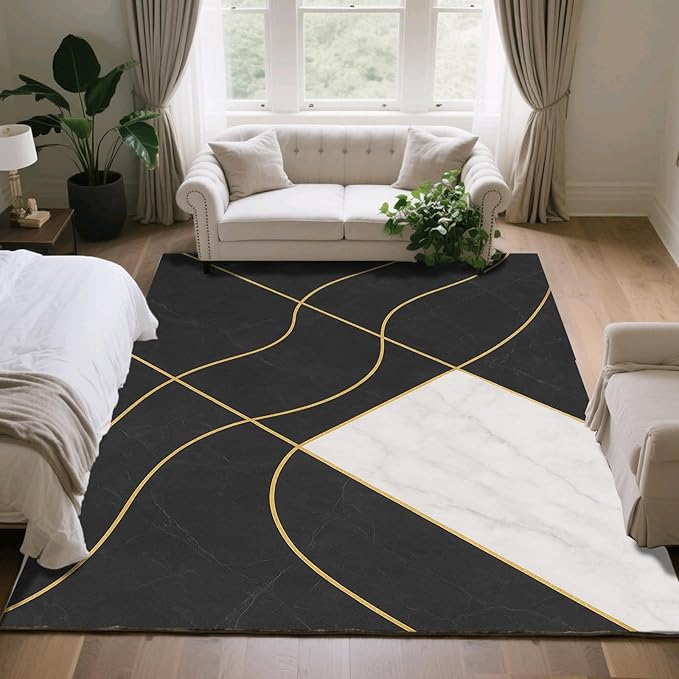 Geometric Marble Rug - 5x7 Area Rugs, Abstract Lines Rug, Luxury Marble Bedroom Rugs, Washable & Non Slip Carpet Home Decor