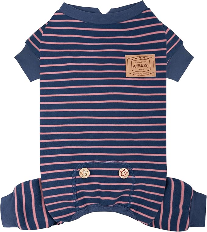 KYEESE Dog Pajamas, Soft Striped Pet Jumpsuit, Velvet Fleece Doggie Jammies, 4 Legs Dog Clothes, Stretchable Pajamas Cozy Outfit, Comfortable Onesie Sleepwear for Small Dogs,Navy Blue Striped, Large