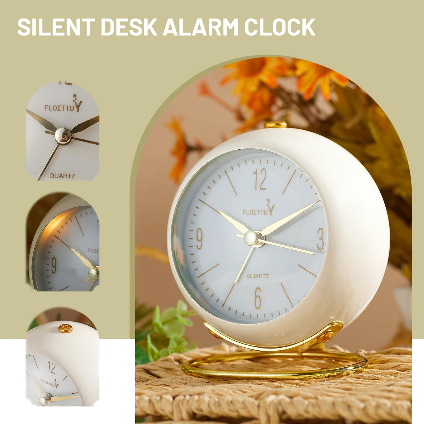 FLOITTUY Silent Table Analog Alarm Clock No Ticking, Lighted on Demand and Battery Operated, Beep Sounds, Small Desk Clock(White)