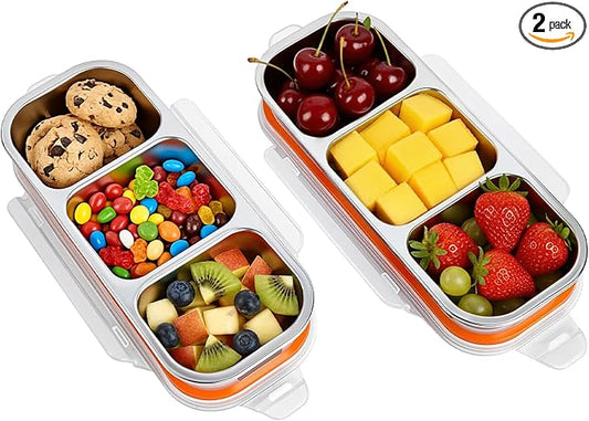 Etvski Stainless Steel Snack Box Container - 2 Pack Bento Box for Kids & Adults, 3 Compartment Leak-Proof Snack Containers with Lids（3Org+3Org）