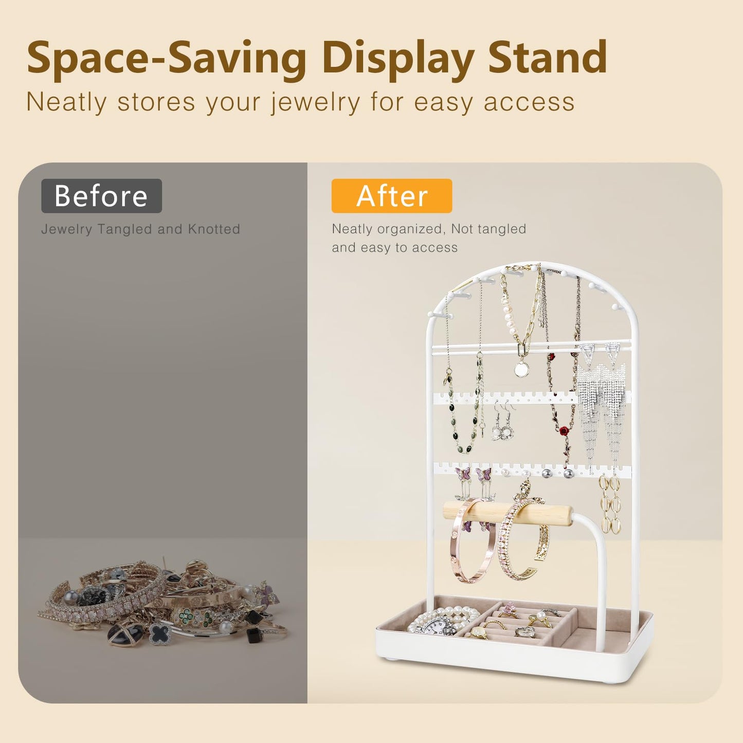 Saydear Multi-Functional Jewelry Holder Organizer Necklace Display Stand Velvet Lined Bar for Rings 2 Tier with 18 Hooks, 32 Earring Holes - Sturdy and Durable, Easy Organization White