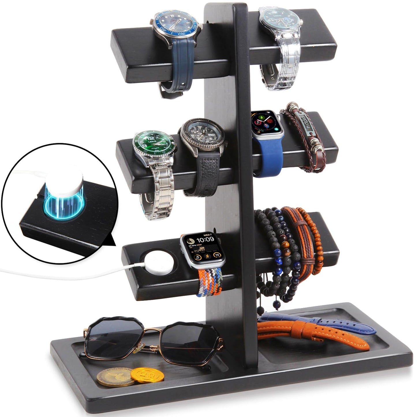 Xnwouco Watch Stand for Men, Watch Display Stand with Charger Groove, Wooden Watch Holder Stand, Jewelry Holder Organizer for Rings, Jewelry, Coins Bracelets, Great Gifts for Men Women, Black