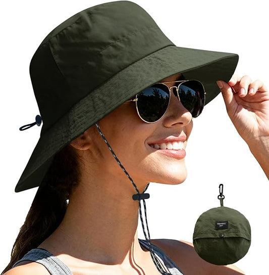NPJY Packable Quick Dry Sun Bucket Hats for Women Lightweight Outdoor Waterproof Rain Hat with Detachable Chin Strap