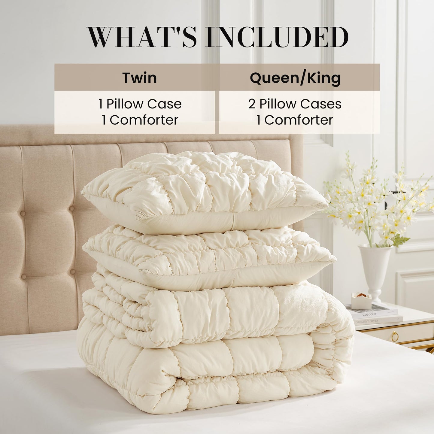 Amélie Home Luxury Queen Comforter Set, Bubble Textured Microfiber Bedding, Oeko-TEX Certified, All-Season Farmhouse Comforter with 2 Pillowcases, Beige