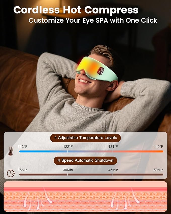 Heated Eye Mask - Cordless Eye Mask for Dry Eyes, Eye Relief, Improved Sleep, Timed Shutdown, 4 Temperature, Suitable for Women with Smaller Faces, Removable for Cleaning - Green