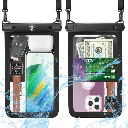 [Up to 10"] Tekcoo Large Capacity Waterproof Phone Case IPX8 [2-Pack] Black Pouch Lanyard Vacation Dry Bag for iPhone 17/16/15/14/13/12 Pro Max/Pro/Air/SE, Galaxy S25/S24 FE/S23/S22/A17/A15/A14/A36