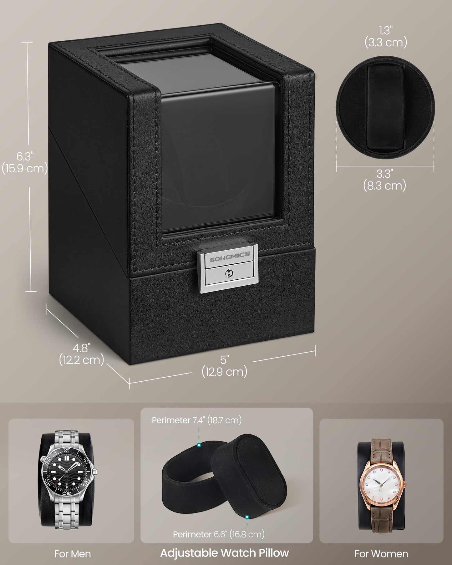 SONGMICS Automatic Single Watch Winder Box with Quiet Motor, for Automatic Watches, with LED Light, Adjustable Pillow, Lock, 4 Winding Settings, Fathers Day Gift for Dad, Black UJWB030B01