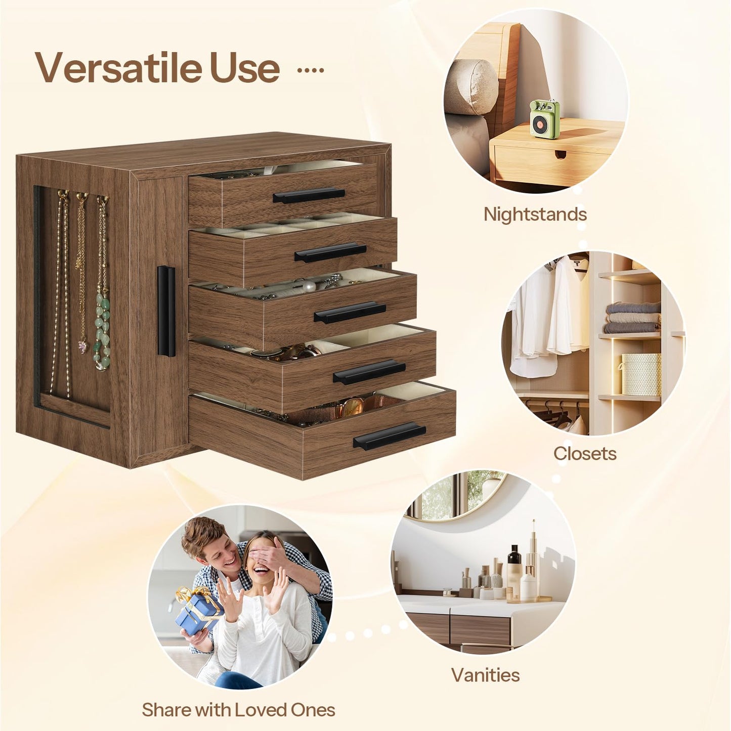 HOOBRO 5-Tier Jewelry Box, Wooden Jewelry Organizer with Transparent Windows, Jewelry Storage Box with 2 Vertical Drawers, for Earring, Necklace, Bracelet, Ring, Watch, Walnut and Black BH19JB04