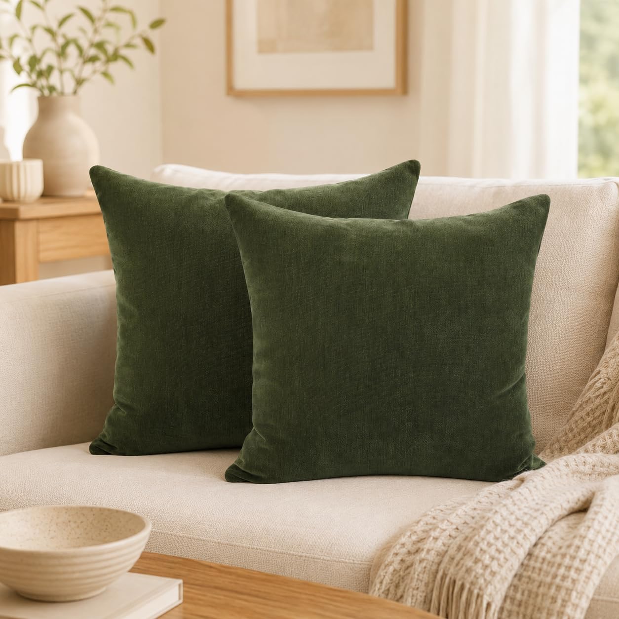 JoraLion Chenille Throw Pillow Covers 24x24 inch, Moss Green Spring Decorative Pillow Covers, Farmhouse Solid Soft Chenille Cushion Case for Couch Sofa Bed Living Room, Pack of 2(Cover ONLY)