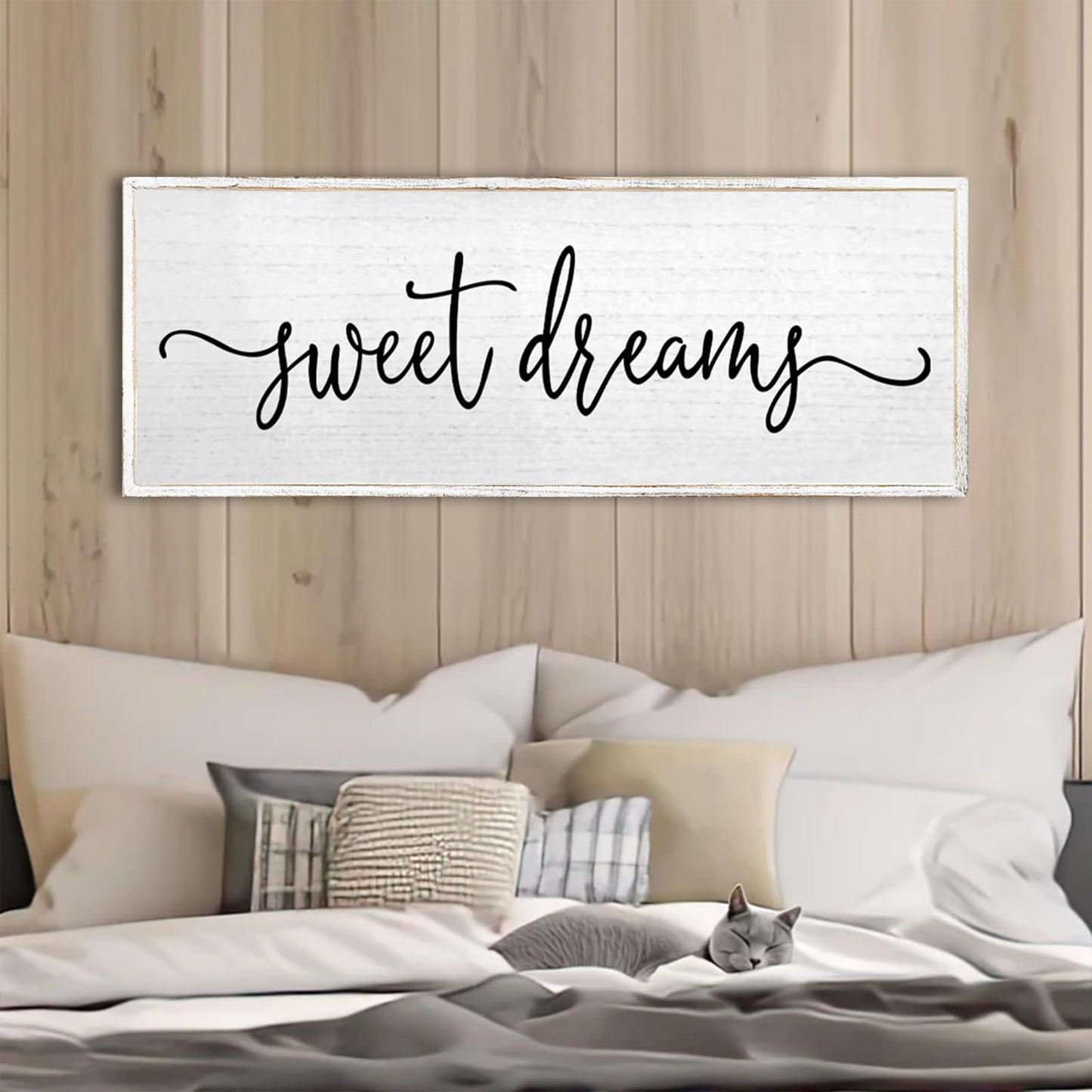 Sweet Dreams Wall Decor Above Bed Sign 32''×12'' Large Wood Framed Master Bedroom Guest Room Sweet Dreams Signs Farmhouse Rustic Wall Art Decoration (White)