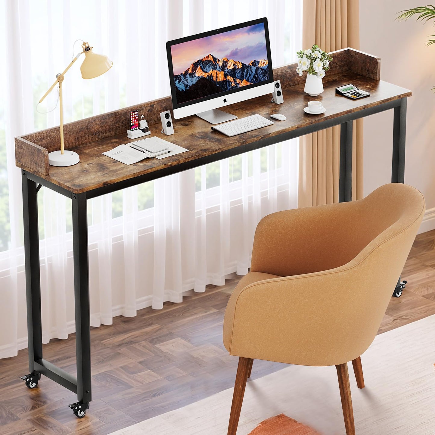 Arlopu Overbed Table with 360° Wheels, Queen Size Mobile Bed Desk with Heavy Duty Metal Leg, Sturdy Laptop Cart & Dining Table for Bedroom, Living Room, Hospital Use (Brown)