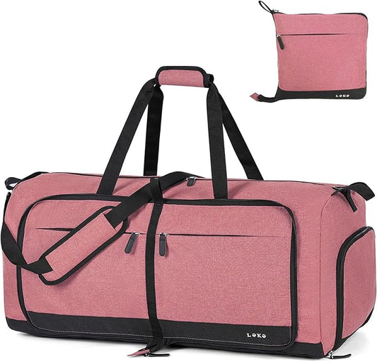 Lekesky Foldable Travel Duffle Bag for Women, Large Duffel Bag with Separate Shoes Compartments & Straps, Carry On Weekend Bag for Women, Hospital, Overnight (Red, 80L)