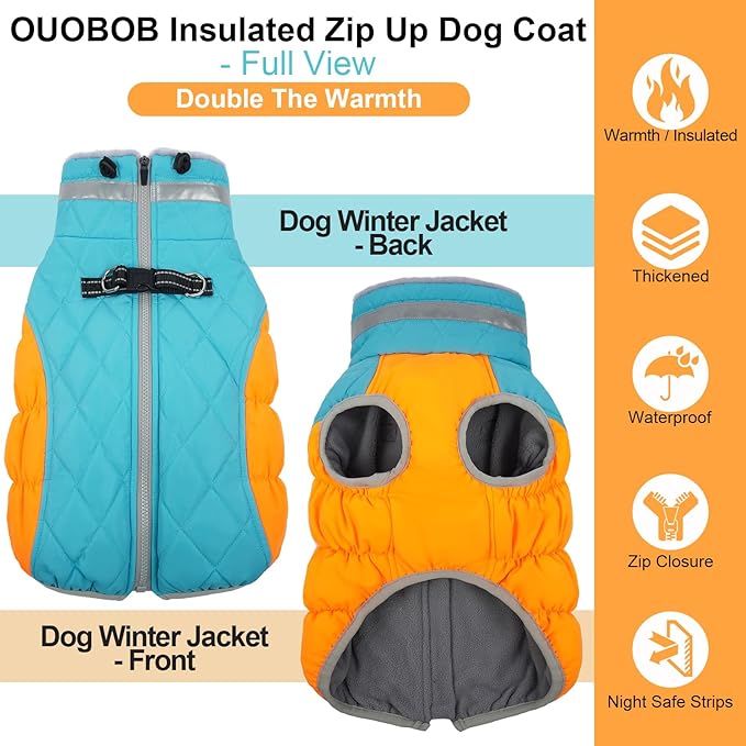 OUOBOB Warm Dog Jackets for Small Dogs, Waterproof Dog Coat with Harness Built in, Zipper Clousure, Fleece Lining for Cold Weather, Small Pet Winter Clothes for Shih Tzu, Yorkshire, Bichon - S