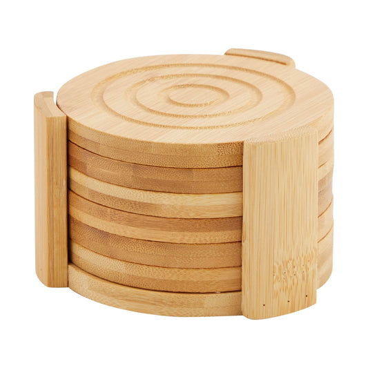 Juvale Coasters Set of 6-4.3-Inch Round Light Brown Bamboo Wood with Holder - Wooden Drink Coasters for Coffee Table Decor & Home Decor