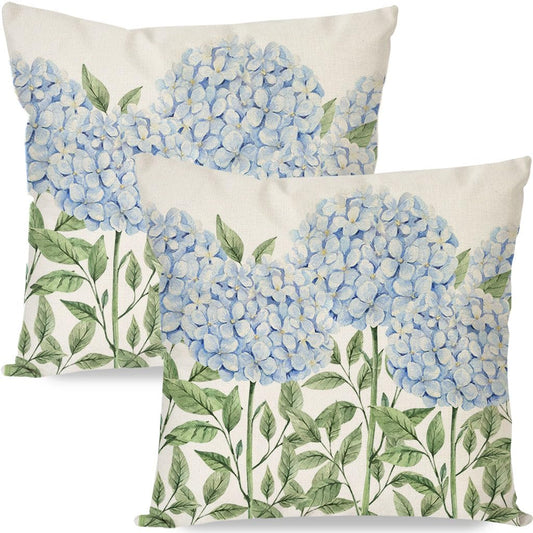 PANDICORN Spring Throw Pillow Covers 18x18 Inch Set of 2, Blue Green Hydrangea Flower Outdoor Summer Farmhouse Floral Decorative Pillows Cushion Cases Decorations for Couch Sofa Porch Decor