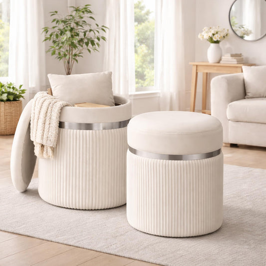 Round Storage Ottoman Set of 2 - White Ottoman with Storage for Living Room - Velvet Vanity Stool and Footrest - Round Nesting Ottoman Stools for Bedroom Makeup Area - Hidden Storage