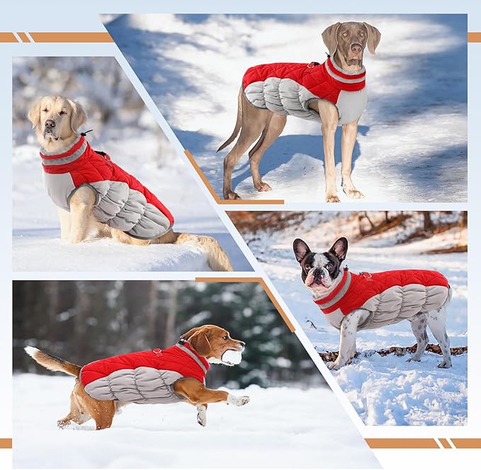 OUOBOB Winter Dog Coat,Large Dog Jacket,Waterproof Pet Jacket with Back Zipper,Pet Coat with Harness Built in,Warm Dogs Coat with Fleece Lined, Snow Jacket Clothes French Bulldog Shiba Inu,Red,L