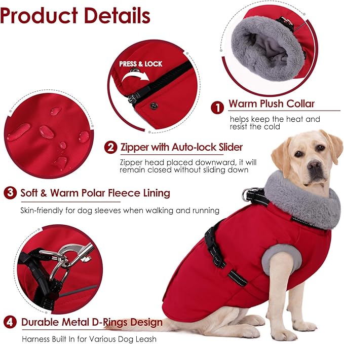 AOFITEE Small Dog Coat with Harness Built in, Fleece Dog Winter Jacket, Reflective Puppy Winter Coat with Zipper On Back, Warm Turtleneck Pet Sweater Windproof Puffer Jacket for Chihuahua, Yorkie, XS