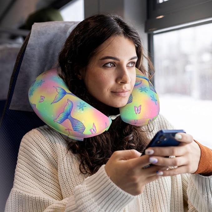 Neck Pillow Memory Foam Chin Cushion with Breathable Cover Magic Glitter Pink Mermaid Tail, Cute Airplane Car Pillows for Office Head Pain Relief
