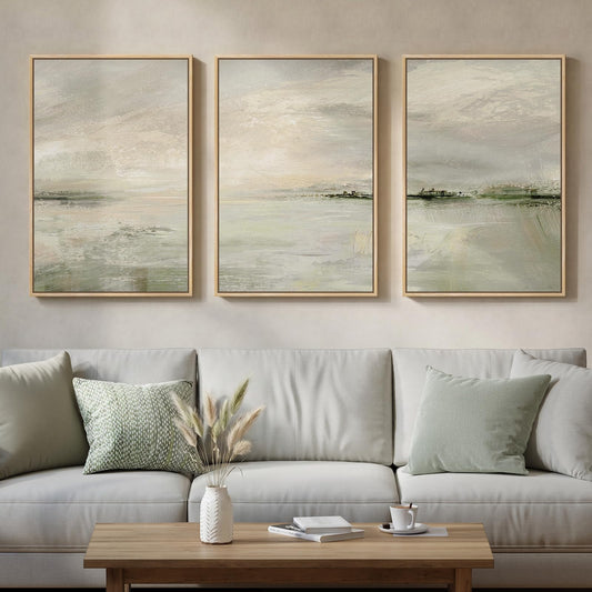 Large Framed Sage Green Abstract Landscape Wall Art, 3 Piece Modern Canvas Prints Paintings Artwork for Walls, Minimalist Nature Pictures for Living Room Dining Room Hallway Wall Decor, 20x30 In