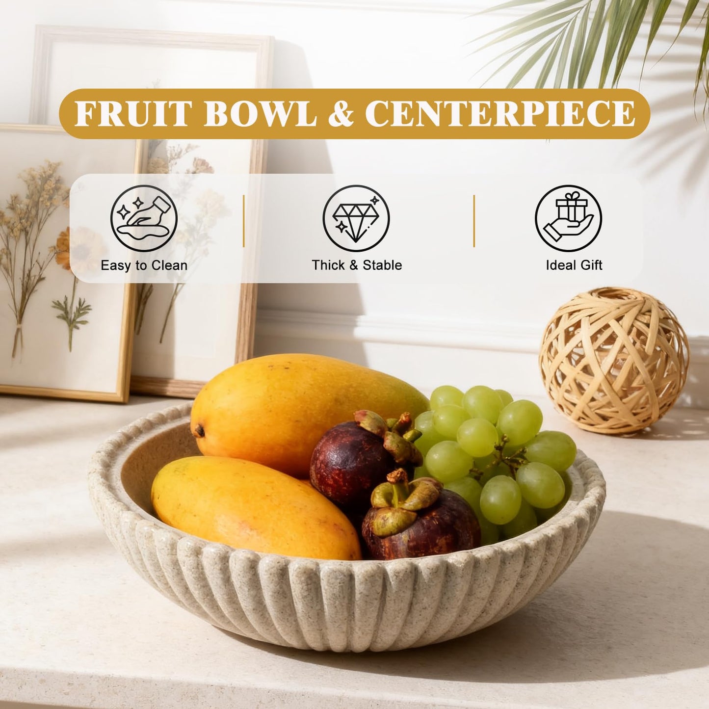 Richtmall 10 Inch Resin Fruit Bowl Handmade Decorative Bowl for Kitchen, Entryway Bowl for Keys & Mail, Countertop Centerpiece for Dining Table Home Decor
