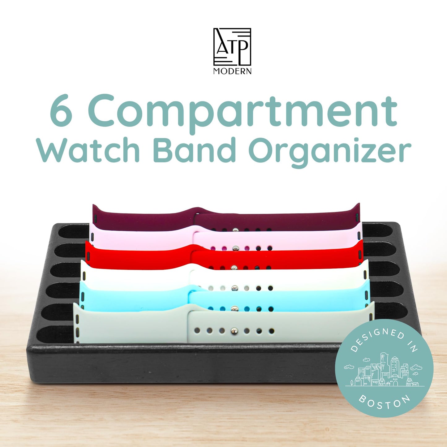 ATP MODERN Wooden Watch Band Organizer - Works with All Apple Watch Bands - Watch Band Holder - Wooden Watch Stand Display - Birthday Gift for Her (6, Black)