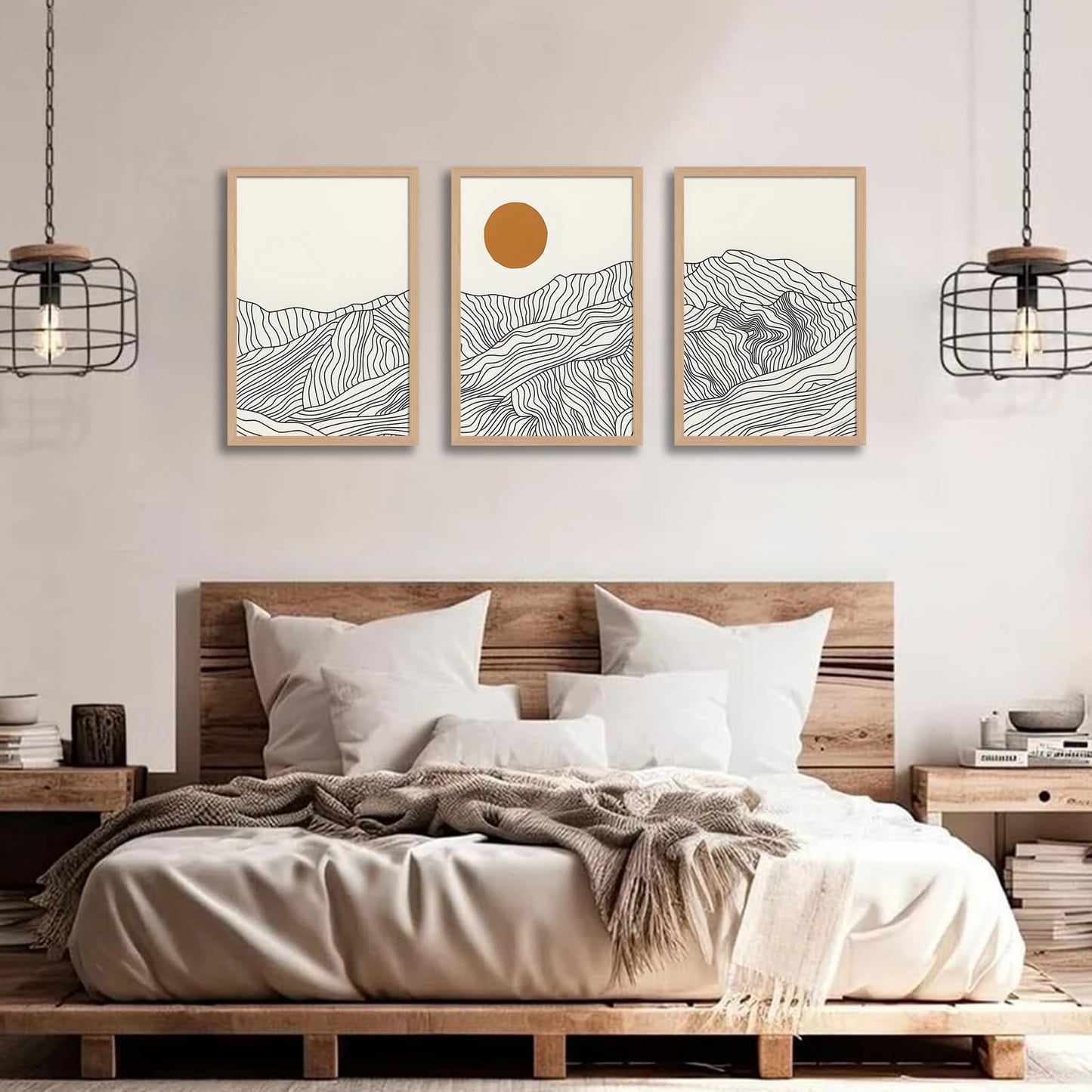 soonkiss Abstract Boho Sun Wave Line Mountain Landscape Wall Art Set of 3, Minimalist Beige Geometric Line Drawing Triptych with Light Wooden Frame for Living Room Bedroom 12x16 Inches