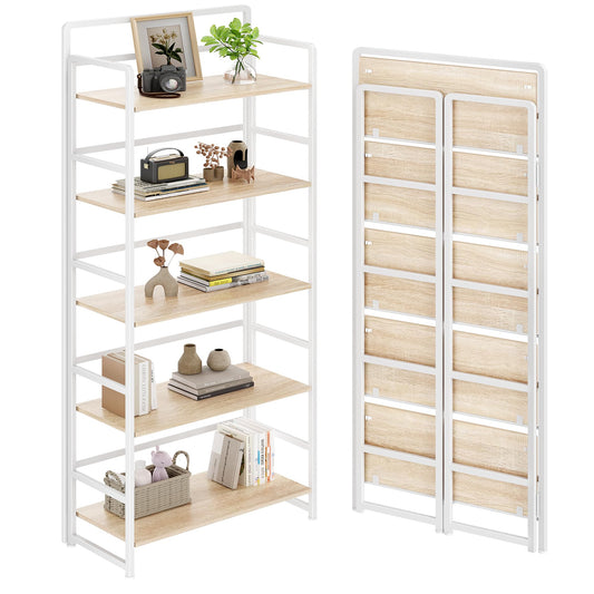 THKKY No Assembly Folding Bookshelf, 5 Tiers Collapsible Book Shelf for Home Office, Vintage Wood Foldable Bookcase Storage Organizer for Living Room Bedroom (Beige)