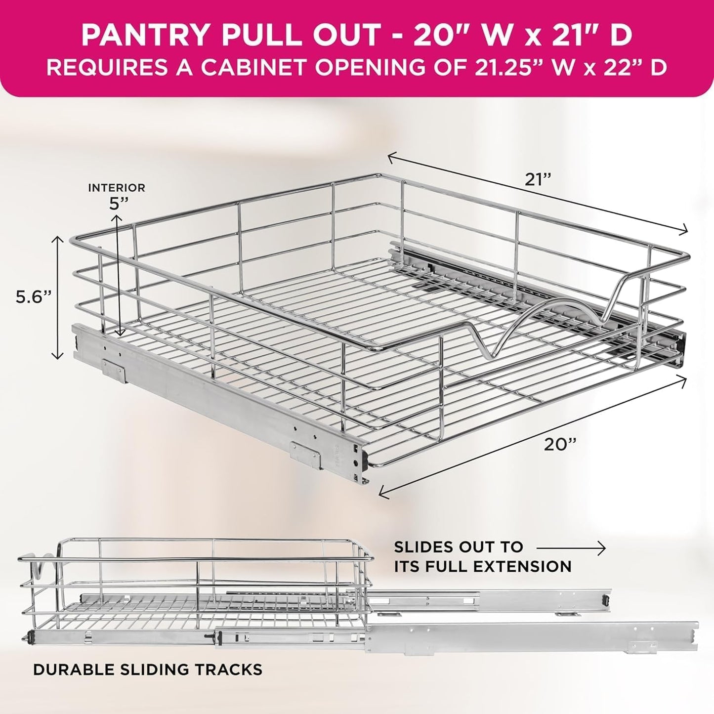 HOLDN’ STORAGE Pull Out Cabinet Organizer, Slide Out Drawer for Kitchen Cabinets & Pantry, Roll Out Shelf for Pots, Pans & Under Sink Storage, Heavy-Duty Full-Extension, 20"W x 21"D x 5"H