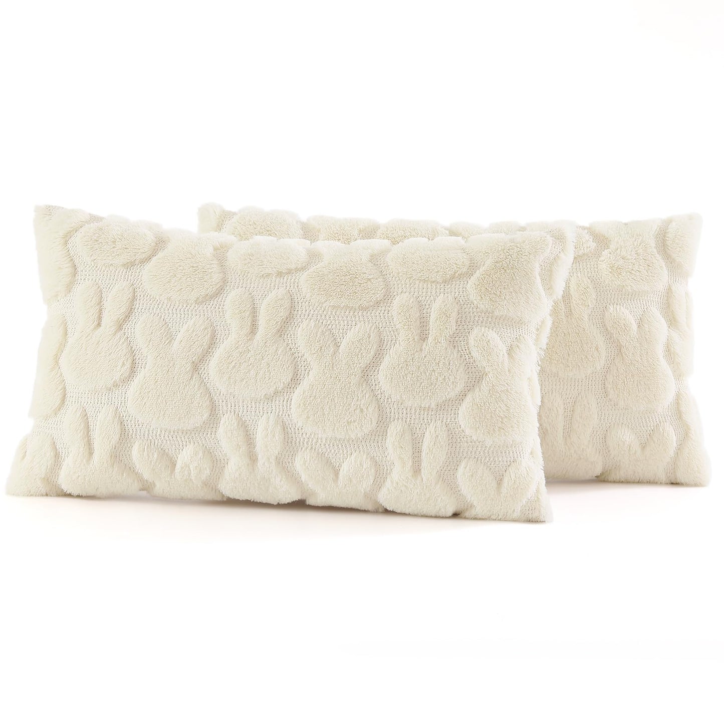 decorUhome Easter Bunny Pillow Covers 12x20 Inch Set of 2, Soft Plush Faux Wool Jacquard Beige Rabbit Cushion Covers, Farmhouse Neutral Spring Easter Holiday Decor for Couch Sofa Bed