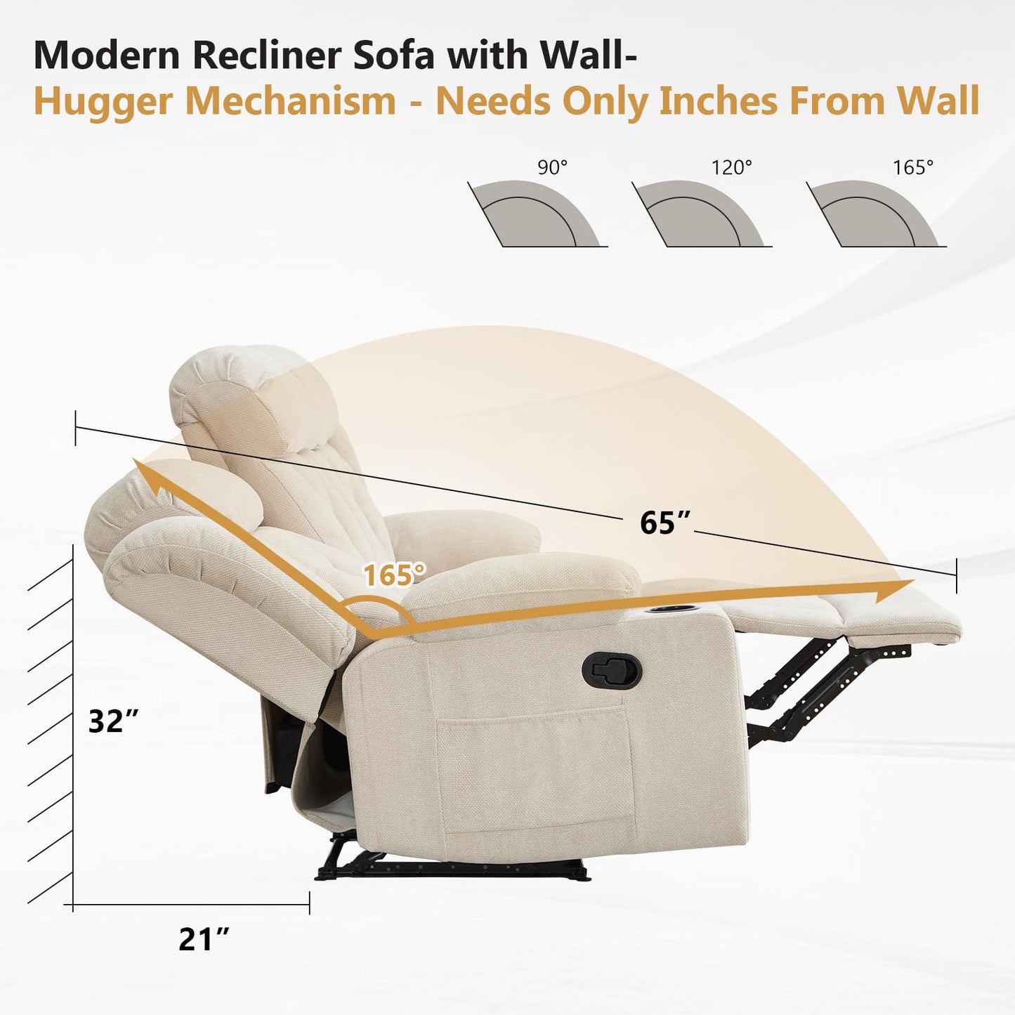 ANJ Manual Recliner Sofa,Chenille Fabric Reclining 3-Seat Living Room Furniture Sets with Cup Holders,Side Pocket,Wall-Hugger Design for Living Room Home Theater Bedroom RV,Beige