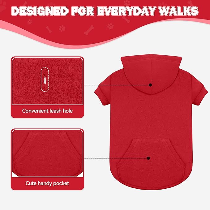Dog Sweaters for Small Dogs,Dog Hoodies,Warm Fleece Sweatshirt with Hood & Pocket,Leash Hole,Cozy Cold Weather Puppy Clothes Pet Sweater for Small Dogs(Red,S)