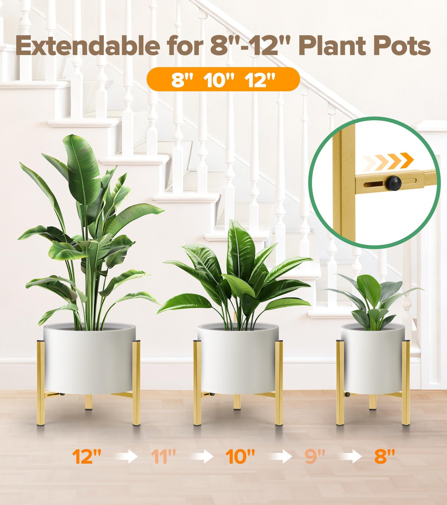 AZADESJET Plant Stand Indoor Adjustable, Metal Modern Indoor Plant Stand, Heavy Duty Plant Stands Outdoor Corner, Stable Plant Holder, Fits 8 to 12 Inches Pots, Gold, 1 Pack, Pot & Plant Not Included