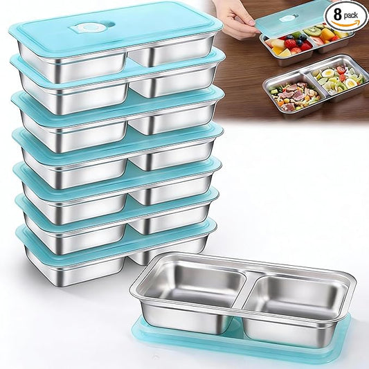 Dobyusf 8-Pack Stainless Steel Snack Containers with Silicone Lids - Dual-Compartment Breathable Food Storage, BPA-Free Reusable Container Set for Office, Travel, On-the-Go Lifestyle