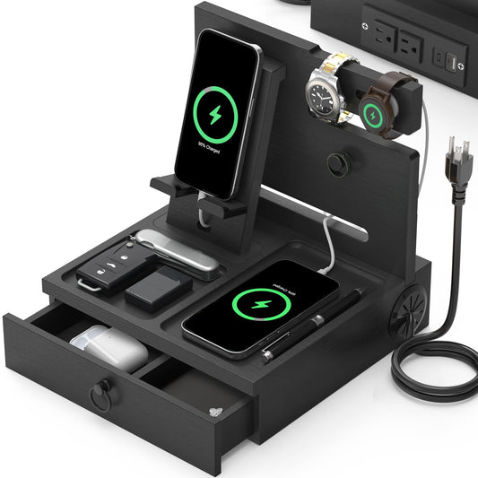 Wood Phone Docking Station with USB Ports and Outlets, Nightstand Organizer with Charging Station, Bedside Organizer with Drawer for Watch & Accessories, Christmas Anniversary Birthday Gifts for Men