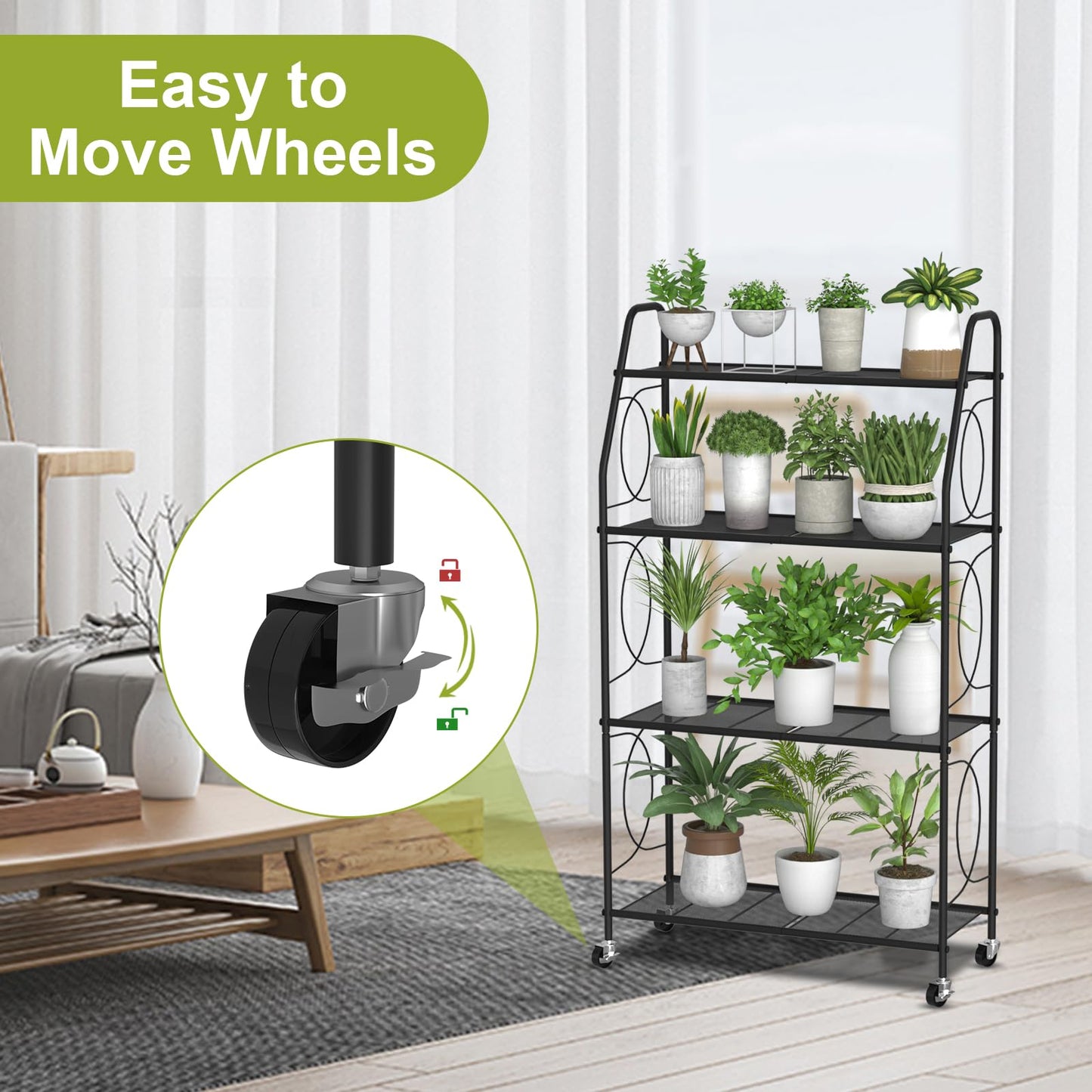 VyGrow 4 Tier Plant Stand with Wheels, Plant Shelf for Indoor Outdoor, Heavy Duty Metal Tall Plant Stands Holder Rack for Living Room Balcony and Garden, Black