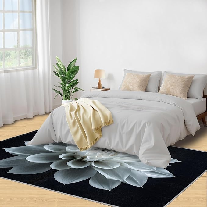 Petals Washable Area Rugs 3x5 Non-Slip Dahlia Living Room Rug White Flower Soft for Carpet Low Pile Indoor Door Mat & Room Decor