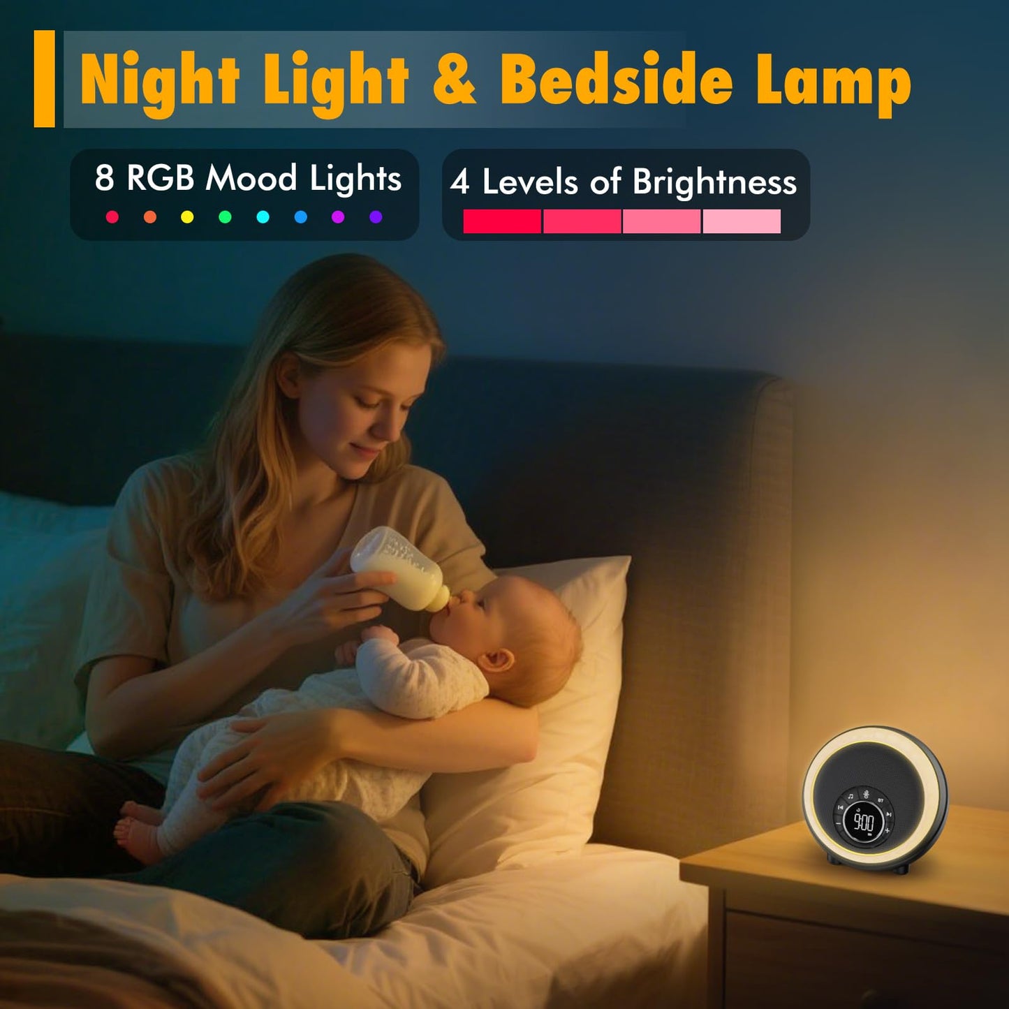 Night Light Bluetooth Speaker Alarm Clock, Portable Sound Machine with White Noise, Touch Bedside Lamp for Bedroom, Dimmable Warm Light, RGB Color Changing, Best Gifts for Teenage Boys Girls