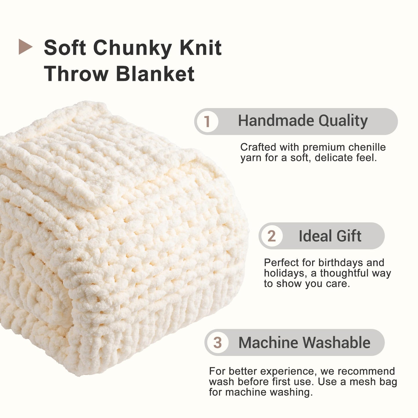 Bunnikins & Clover Cream White Hand Knitted Blanket with Chenille Yarn, Chunky Knit Ivory Throw Blanket for Bed Living Room Home Decor, 50"x60"