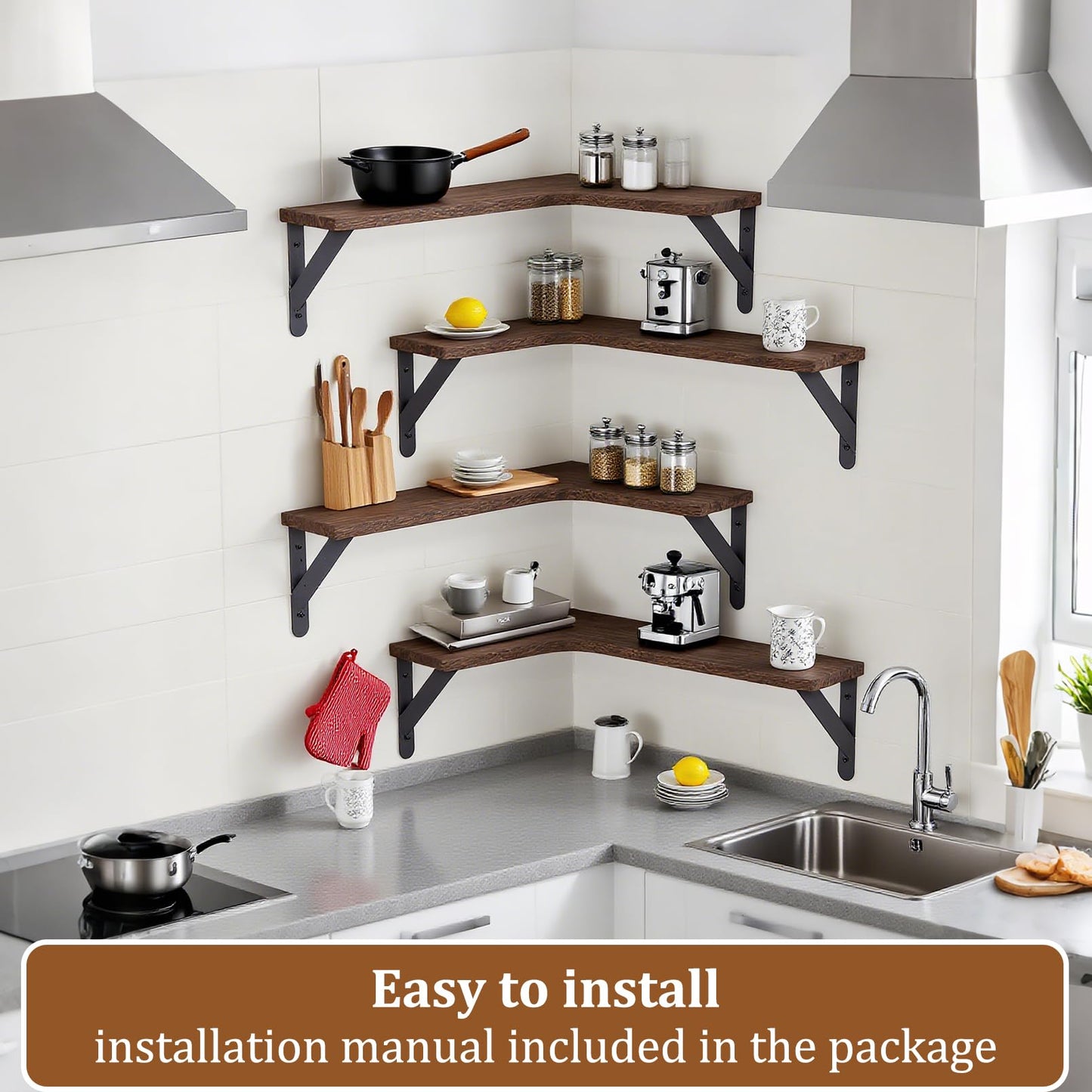 COCPOK Corner Floating Shelves Set of 5, Wall Mounted Wood Shelves for Home Decor, Rustic Wood Wall Storage Corner Shelf for Kitchen Bedroom Bathroom Living Room Office, Dark Brown