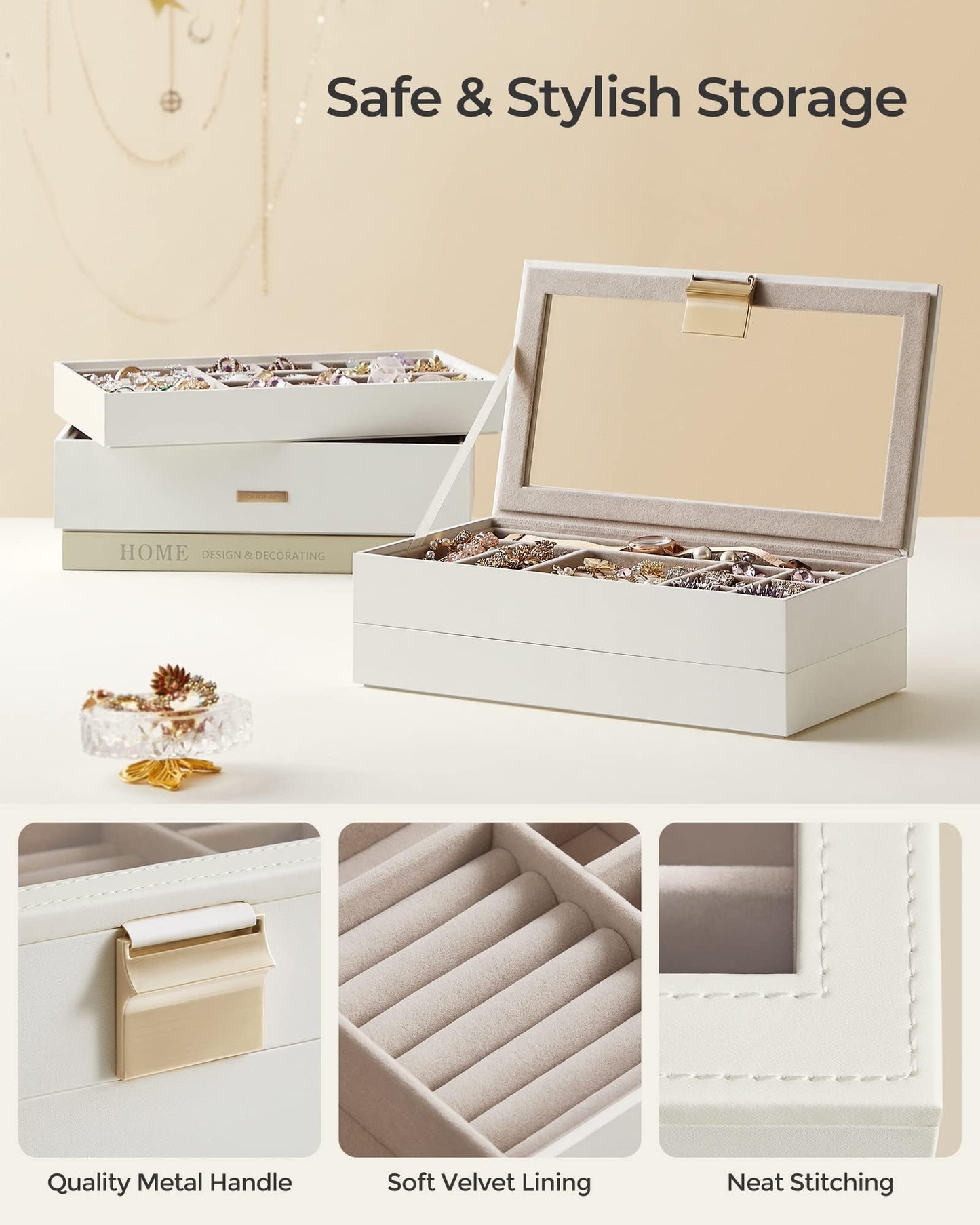 SONGMICS GISELLA Collection - Stackable Jewelry Trays, 4-Tier Jewelry Box, Drawer Jewelry Organizer, with Glass Lid, Removable Dividers, 6.7 x 11 x 7.2 Inches, Gift Idea, Cloud White UJBC164W01