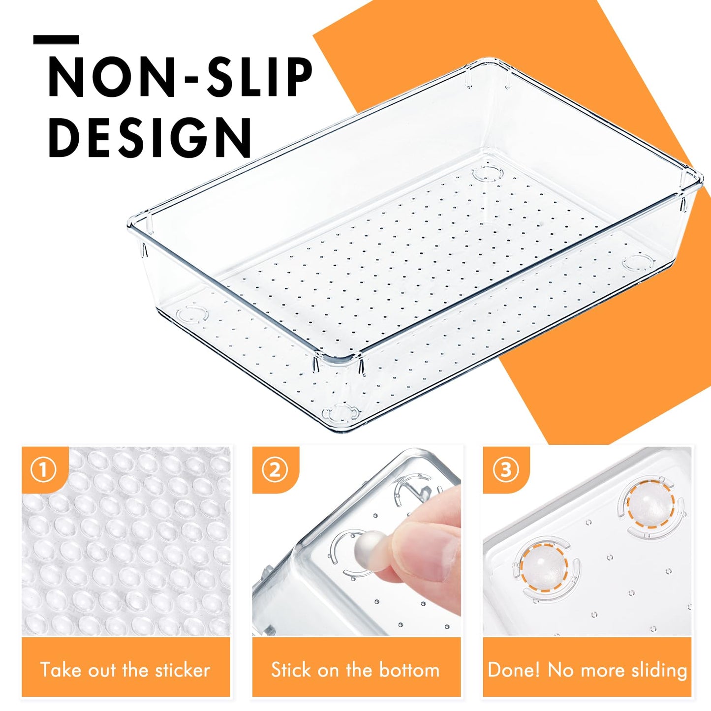 HOUSE DAY Desk Drawer Organizer Bins 6 PCS, 9*6*2" Clear Drawer Organizers with Silicone Pads, Vanity Organizers and Storage, Non Slip Plastic Drawer Organizer for Makeup, Bathroom, Kitchen, Office