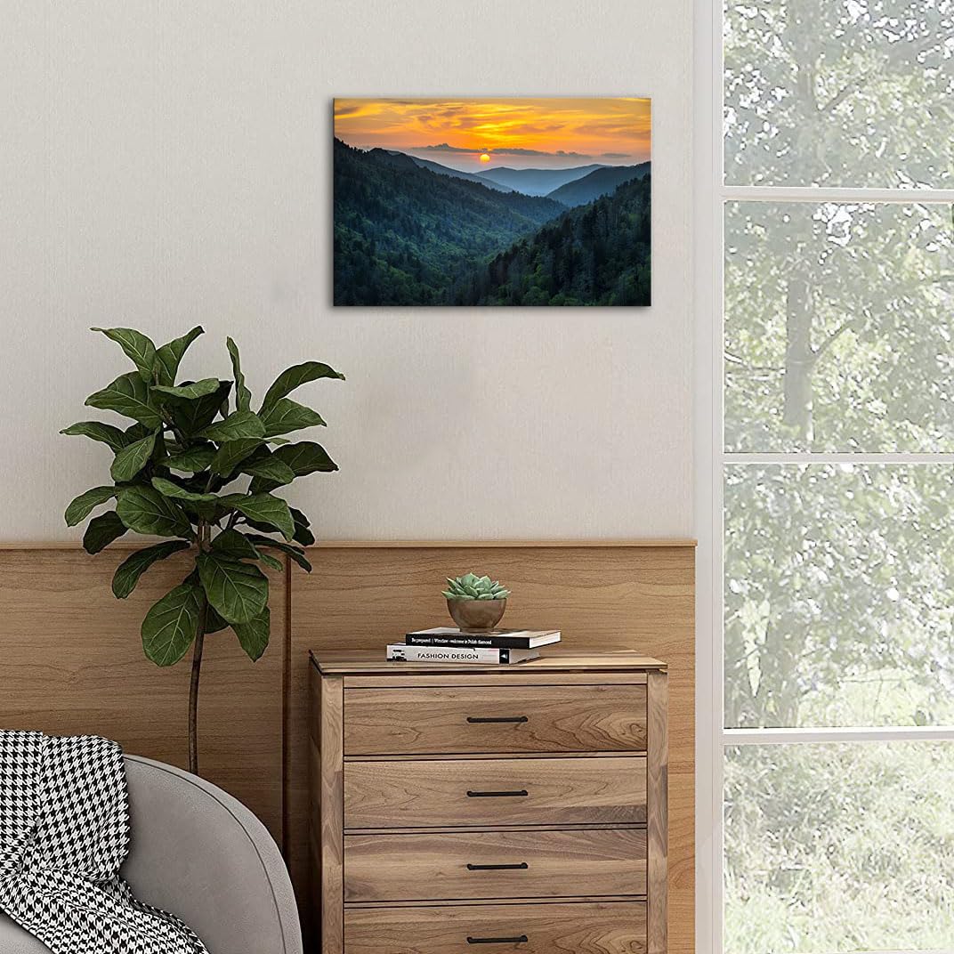 Forest Sunrise Wall Art Decor Great Smoky Mountains Photo Prints National Park Landscape Canvas Painting Artwork Framed for Bedroom Living Room (24x36 inch)