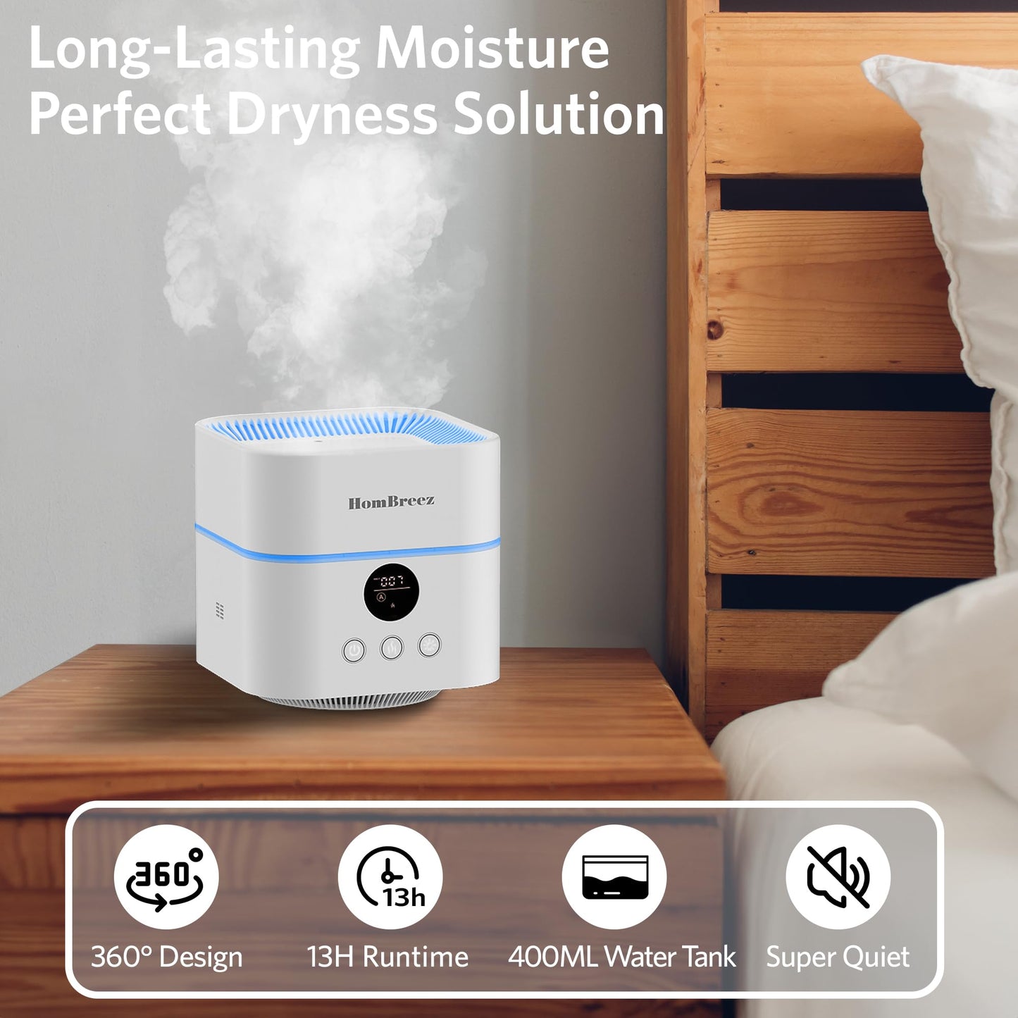 HomBreez Air Purifier and Humidifier Combo for Bedroom, Covers Up to 200ft², H13 True HEPA Filter, 400ML Water Tank, Quiet Cool Mist Top Fill Essential Oil Diffuser for Baby, Pet Room, APP Control