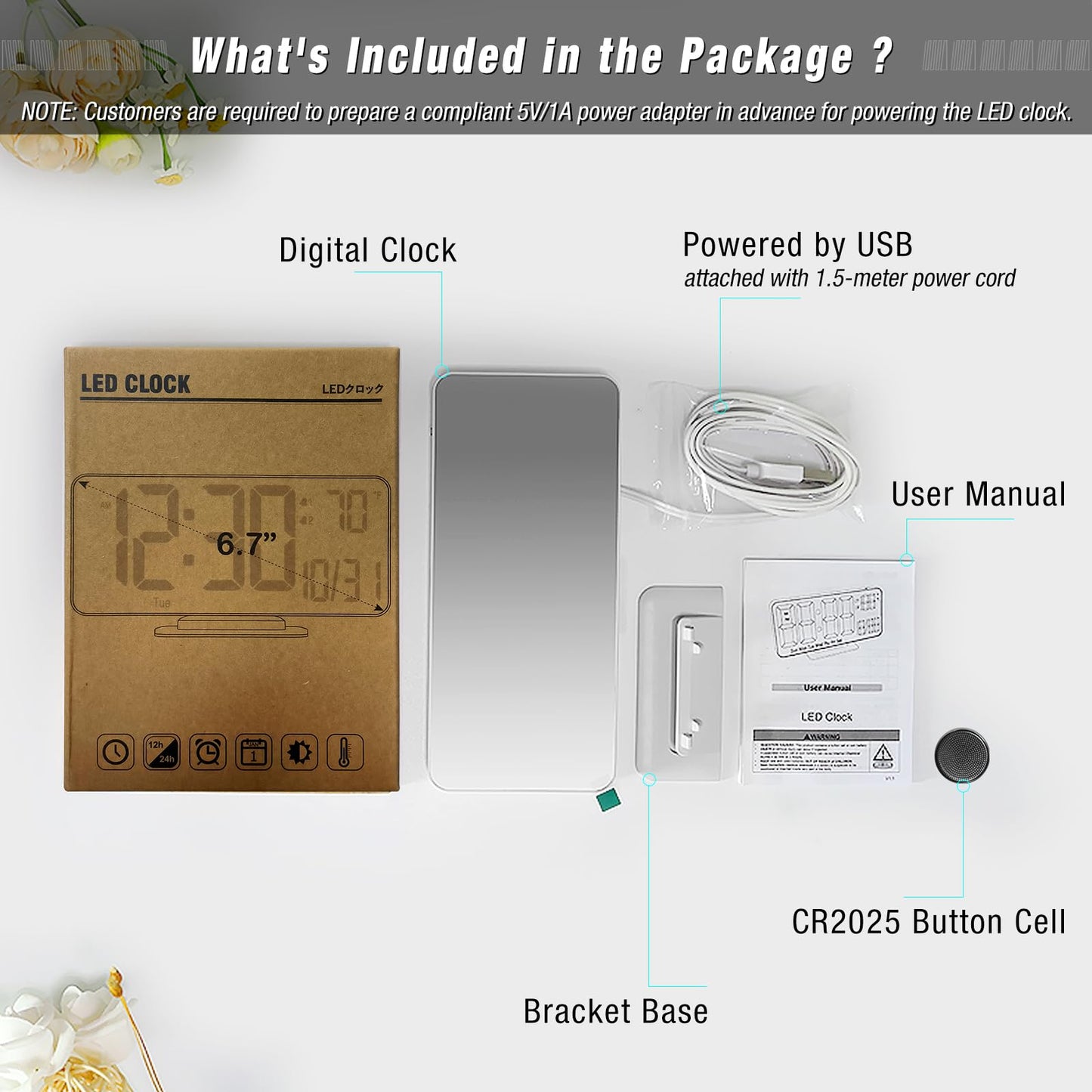 KOSUMOSU Alarm Clock for Bedroom, 6.7" Led Desk Digital Clock,Mirror Clock,Dual Alarm Clock for Living Room with Seconds,Date,Week,12/24h,Dimming,Temp